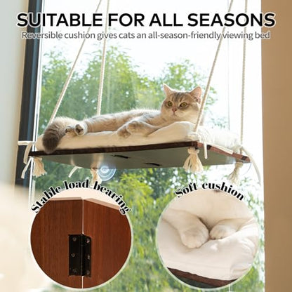 Cat Window Perch for Indoor Cats, Wooden Cat Bed for Window with Washable Cushion, Hanging Kitty Hammock Suitable for Small-to-Large Cats