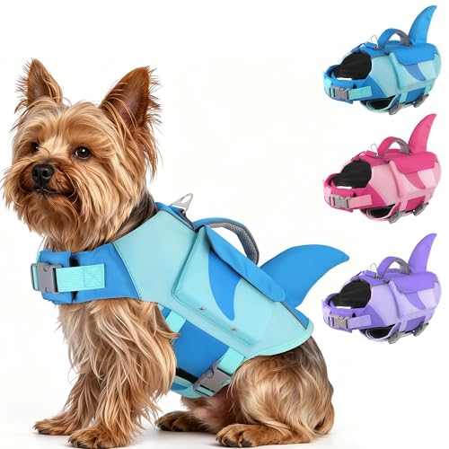 Dog Life Jacket Shark– High Flotation Dog Life Vest with Reflective Stripes, Pet Swimming Vest with Rescue Handle for Small Medium and Large Dogs, Suitable for Swimming & Boating – Blue, S - color: Blue, size: Small