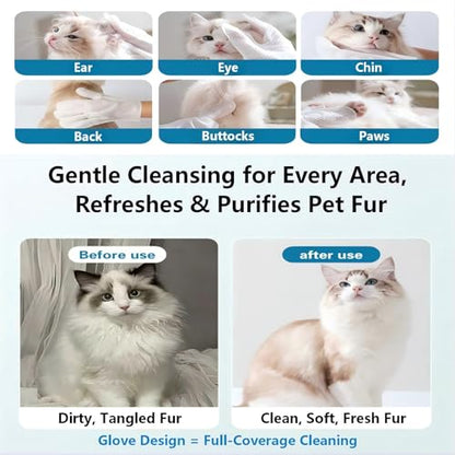 Pet Glove Wipes, No Rinse Deodorizing Mittens for Sphynx, Devon Rex, Cats & Dogs, Thickened Hypoallergenic with Aloe Vera, Unscented Full Body Grooming, Daily Care & Travel, 12 Count