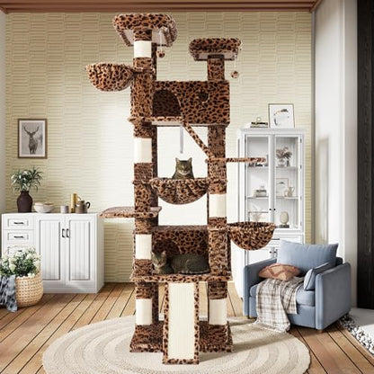 SHA CERLIN 81in Multi-Level Tall Cat Tree Tower for Indoor Kitties/Larger Cat Condo Furniture with Hammock/Cozy Pussycat Perches/Sisal Scratching Posts/Pet House/Wide Base/Leopard Print - color: Leopard Print