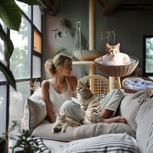 Cat Tree Modern - Minimalist Cat Tree with Sisal Rope Scratching Posts, Plush Cushioned, Baskets, and Fun Fluffy Ballew