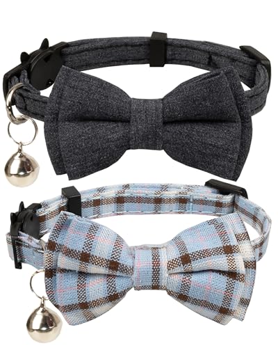Cat Collar Breakaway Bowtie Safety with Bell Adjustbale Kitten Puppy Solid Plaid Color Set D-[2pcs] Grey - color: D-[2pcs] Grey
