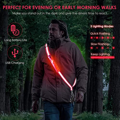 LED Belt Reflective Sash for Walking at Night, High Visibility Adjustable Night Running Safety Gear Rechargeable LED Light Up Running Belt Reflective Gear for Runners Walkers Men Women - color: red