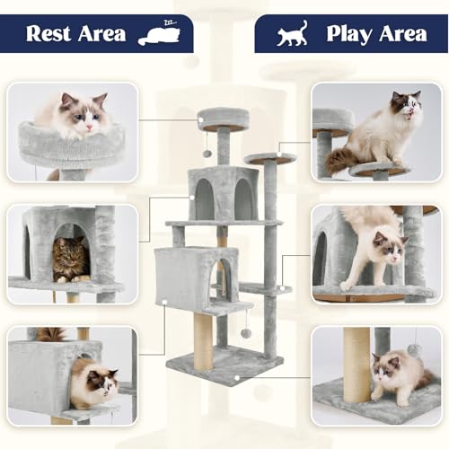 58.5inch Large Cat Tree Tower Condo for Indoor Cats, Soft Plush Multi-Level Climbing Tree Cat House, Scratching Post, More Entrance/Exit, Sisal Rope, Light Grey - color: Light Grey