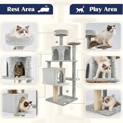 58.5inch Large Cat Tree Tower Condo for Indoor Cats, Soft Plush Multi-Level Climbing Tree Cat House, Scratching Post, More Entrance/Exit, Sisal Rope, Light Grey - color: Light Grey