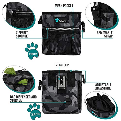 PetAmi Dog Treat Pouch, Pet Treat Pouch for Training, Dog Walking Bag Holder for Kibbles, Pet Food Toy, Dog Trainer Essentials Supplies, Poop Bag Dispenser, 3 Ways to Wear (Camo Black) - color: Camo Black