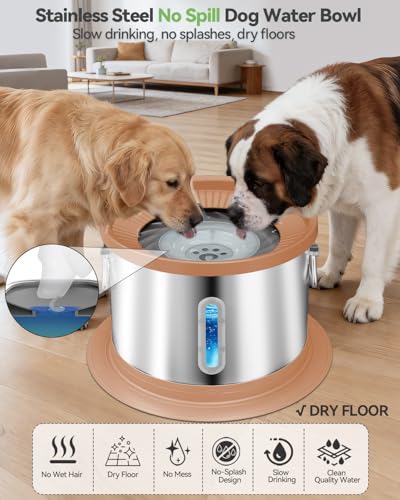 UPSKY 14L No Spill Dog Water Bowl, Stainless Steel Spill Proof Dog Bowl with Water Window, Dual-Suction Anti-Slip Large Capacity Slow Drinking Bowl with Floating Disk for Large Dogs & Messy Drinkers - color: Pink