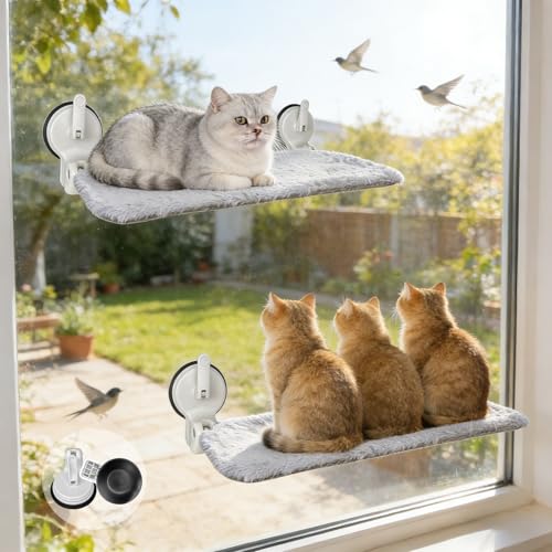 L&W BROS. 2PC Cat Window Perch with Lever Lock Suction Cups Holds up to 50 lbs Foldable & Space Saving Design Heavy Duty Window Hammock for Large or Multiple Cats (L 2Pc) - size: L