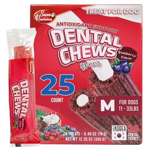 SuperPaw Dental Chews for Dogs - Blueberry Flavor, Antioxidant Support - Healthy Dog Dental Treats for Teeth and Gum Cleaning, Natural Chew Toy Alternative, Dog Chews - Medium, 25 Treats - size: 25 Count (Pack of 1)
