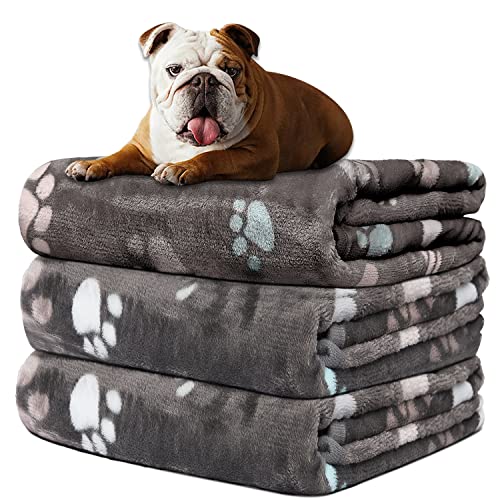 Rezutan Dog Blankets for Medium Dogs, Upgraded 3 Pack Dog Cat Blanket Washable, Soft Pet Mat Throw Cover Suitable for Kennel Crate Bed, Cute Paw Pattern, 30"x20", Grey - color: Grey (Pack of 3), size: Medium,30x20Inch