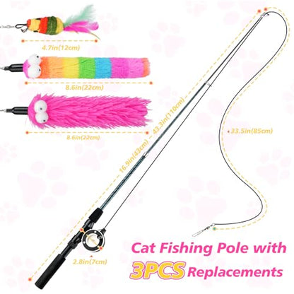 Pawaboo Cat Teaser Wand Toys, Cat Fishing Pole Toy with 3 Pack Feather Refills, 3-section Retractable Kitten Feather Toys with Pulley, Indoor Cats Teaser Catcher Exerciser with Bell,Rainbow + Rose Red - color: Plush-Rainbow