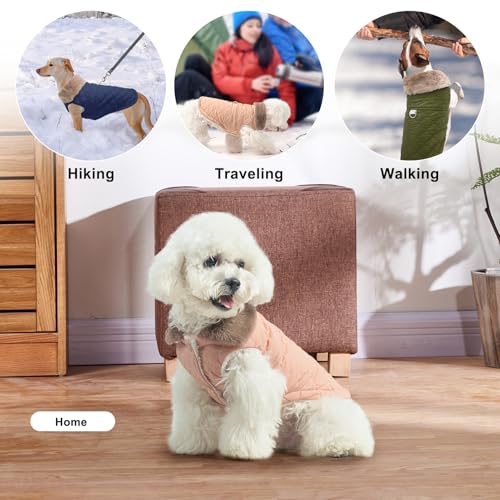 BEAUTYZOO Winter Dog Coat with Harness Built in, Warm Dog Puffer Jacket Vest Padded Fleece Cold Weather Coats Windproof Waterproof Snow Jackets Clothes for Small Medium Puppy, Pink M - color: Pink, size: M (Back: 15",Chest: 21")