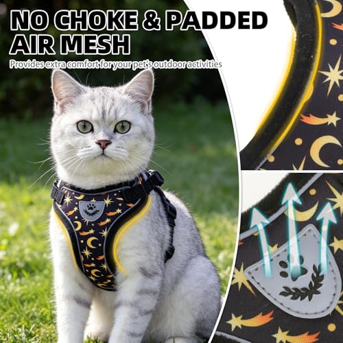 PUPTECK Cat Harness and Leash Set Escape Proof Reflective Cat Walking Harness Adjustable Soft Breathable Mesh Vest for Small Pets, Star&Moon, S - color: Black(Star&Moon), size: S (NECK 9.5"-11", CHEST 13"-16")