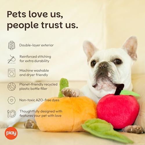 P.L.A.Y. Cute Plush Dog Toys - Fruit & Vegetable Themed Durable Squeaker Chew Toy, Great for Puppies & Small, Medium, Large Dogs - Machine Washable, Recycled Materials (Garden Fresh Peapod, Medium) - color: Peapod, size: Medium