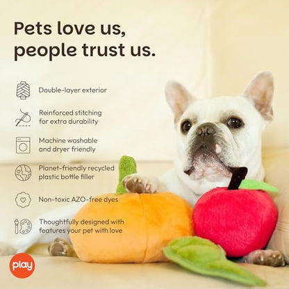 P.L.A.Y. Cute Plush Dog Toys - Fruit & Vegetable Themed Durable Squeaker Chew Toy, Great for Puppies & Small, Medium, Large Dogs - Machine Washable, Recycled Materials (Garden Fresh Peapod, Medium) - color: Peapod, size: Medium