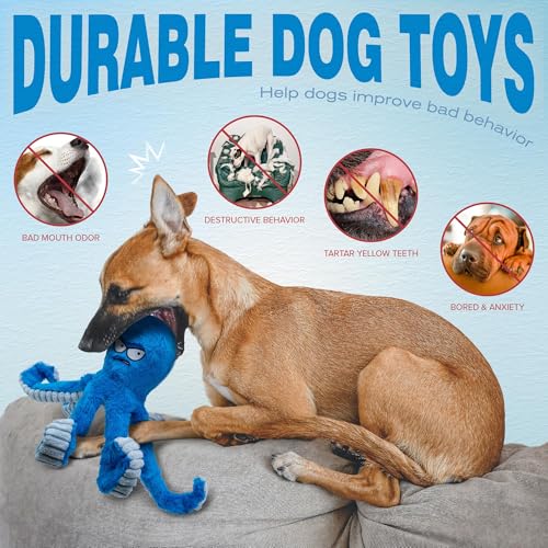 LEGEND SANDY Tough Dog Toys, Stuffed Chew Large Dog Toys to Keep Them Busy, Interactive Squeaky Tug of War Doggie Toy, Crinkle Blue Octopus - color: Blue Octopus