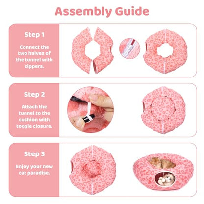 Cat Tunnel Bed, Cute Cat Tunnel Toy with Washable Cushion, Fits Indoor Cats up to 25 lbs, Cute Peekaboo Cave Pet Bed for Kittens, Rabbits, Pink Heart - color: Pink Heart