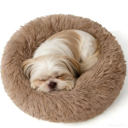 Calming Donut Dog Beds for Small Dogs Cats - Washable Removable Cover Non-Slip Bottom, Round Pet Bed Puppy Bed Warming Fluffy Faux Fur Anti-Anxiety, Fits up to 25 lbs (Camel, 23") - color: Camel, size: 23"L x 23"W x 8"Th