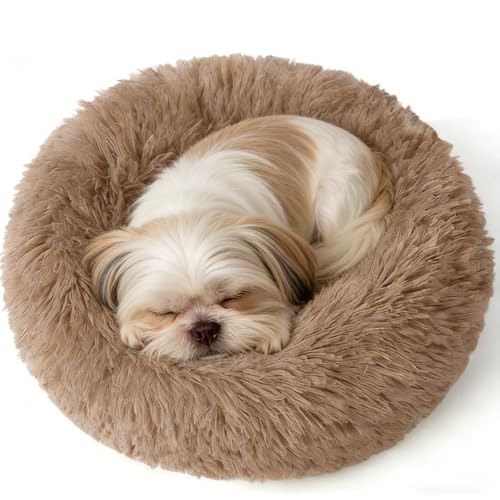 Calming Donut Dog Beds for Small Dogs Cats - Washable Removable Cover Non-Slip Bottom, Round Pet Bed Puppy Bed Warming Fluffy Faux Fur Anti-Anxiety, Fits up to 25 lbs (Camel, 23") - color: Camel, size: 23"L x 23"W x 8"Th