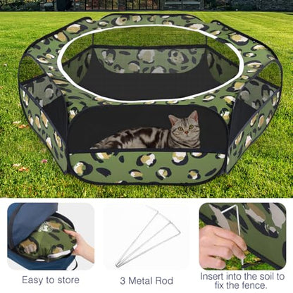 Pawaboo Small Animals Playpen, Waterproof Small Pet Cage Tent with Zippered Cover, Portable Outdoor Yard Fence with 3 Metal Rod for Chick/Kitten/Puppy/Guinea Pig/Rabbits/Hamster, Leopard Print - color: T-Leopard Print