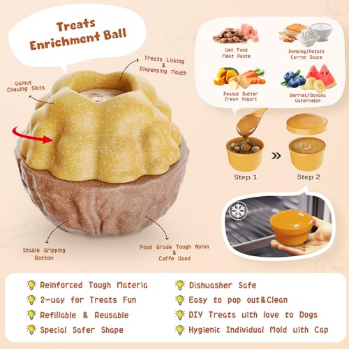 Dog Frozen Treats Toy, Cognitive Dogs Brain Stimulation Puzzle Toys for Aggressive Chewers, Interactive Dispensing Toy Enrichment Keep Them Busy No-Boredom, Tough Nylon&Coffe Wood Fillable Dog Feeder - color: Coffe Wood