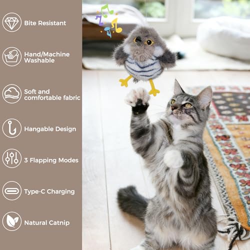 Cat Toys Flapping Bird Cuckoo, Touch Activated Interactive Cat Kicker with 3 Modes, Catnip Pouch, Type-C Rechargeable, Realistic Chirping, Self-Stop, Washable Fur Cover