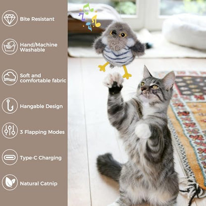 Cat Toys Flapping Bird Cuckoo, Touch Activated Interactive Cat Kicker with 3 Modes, Catnip Pouch, Type-C Rechargeable, Realistic Chirping, Self-Stop, Washable Fur Cover