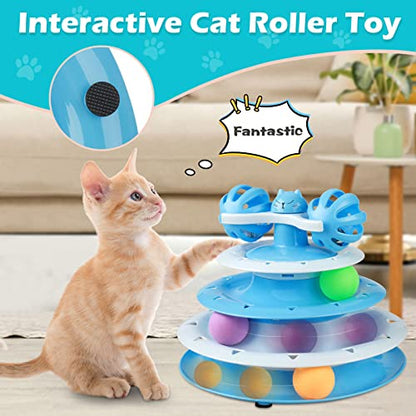 UPSKY Cat Toy Roller 4-Level Turntable Cat Toy Balls with Three Colorful Balls and Bell Ball X Turntable Interactive Kitten Fun Mental Physical Exercise Puzzle Toys - color: C-Gradient Blue
