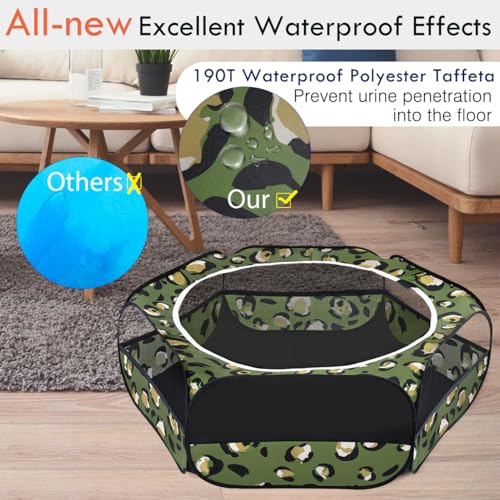 Pawaboo Small Animals Playpen, Waterproof Small Pet Cage Tent with Zippered Cover, Portable Outdoor Yard Fence with 3 Metal Rod for Chick/Kitten/Puppy/Guinea Pig/Rabbits/Hamster, Leopard Print - color: T-Leopard Print
