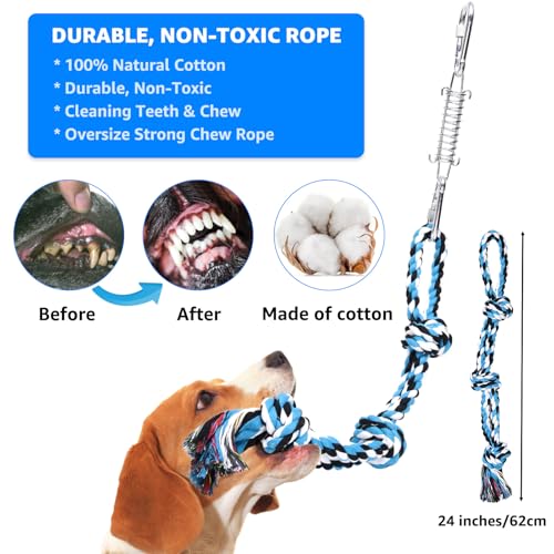 LOOBANI Spring Pole Toy for Pitbull: Bungee Tug of War Toys for Small Large Aggressive Chewers Dogs to Exercise & Muscle Building & Bite Training,Outdoor Heavy Duty Bungee Solo Tree Tugger Hanging Toy - color: Blue+White