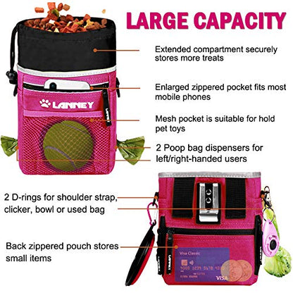 Dog Treat Pouch Pet Training Bag for Small to Large Dogs, Treat Tote Carry Kibble Snacks Toys for Training Reward Walking, Metal Clip, Waist belt, Shoulder Strap, Poop Bag Dispenser and Clicker - color: Pouch(Pink with Black)+Clicker