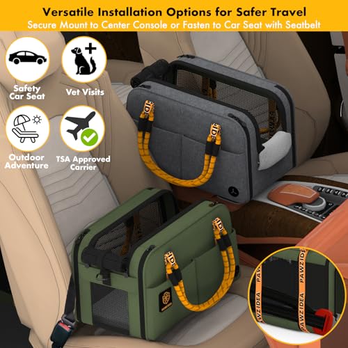 PAWZIDEA Center Console Dog Car Seat, Enclosed Small Dog Armrest Booster Carseat, Secure Straps &Anti Slip, Portable TSA Approved Puppy Pet Carrier Soft-Sided, Removable Pillow Storage Pocket, up 12lb - color: Forest Green