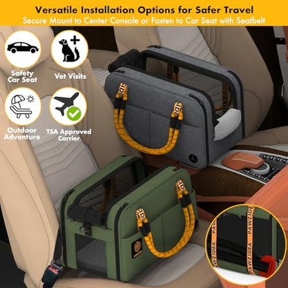 PAWZIDEA Center Console Dog Car Seat, Enclosed Small Dog Armrest Booster Carseat, Secure Straps &Anti Slip, Portable TSA Approved Puppy Pet Carrier Soft-Sided, Removable Pillow Storage Pocket, up 12lb - color: Forest Green