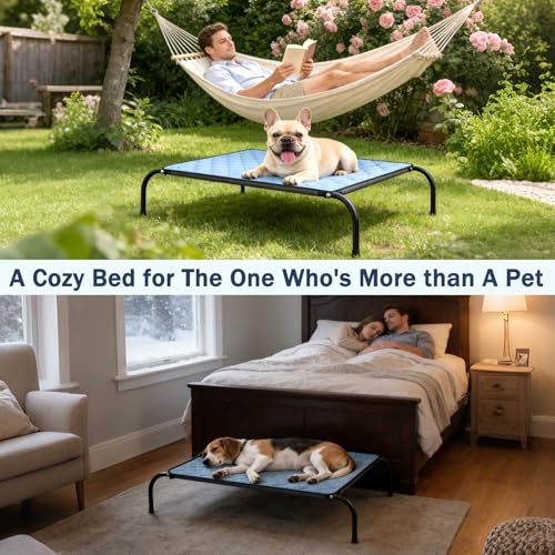 SZEE Raised Dog Bed with Detachable 2-Sided Cooling/Warming Waterproof Mat, Elevated Dog Cot Bed for Small Sized Breeds with Durable Steel Frame & Sturdy Teslin Mesh, Outdoor & Indoor All-Season Use - size: Small
