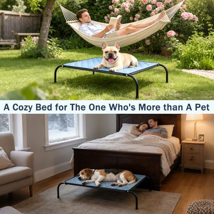 SZEE Raised Dog Cot Bed with Detachable 2-Sided Cooling/Warming Waterproof Mat, Elevated Dog Bed for Medium Sized Breeds with Durable Steel Frame & Sturdy Teslin Mesh, Outdoor & Indoor All-Season Use - size: Medium