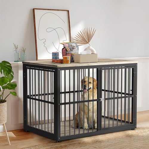 Lyromix 43'' Dog Crate Furniture with 3 Doors, XL Wooden Crate End Table, Heavy Duty Indoor Puppy Cage Kennel for Medium to Large Dogs, Multiple Units Can be Combined - color: Ancient gray, size: 43.3"L x 29.9"W x 33.1"H