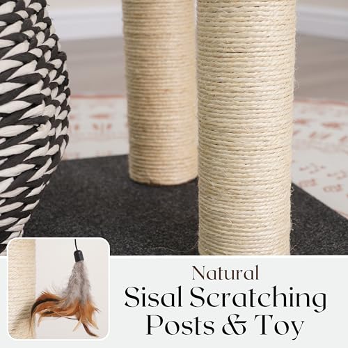PetPals Ace 4-Level Multi-Activity Cat Tree with Handwoven Recycled Paper Rope Condo and Top Nest Bed, Replaceable Sisal Scratching Posts, Feather Teaser Toy, Black & White - color: Black and white