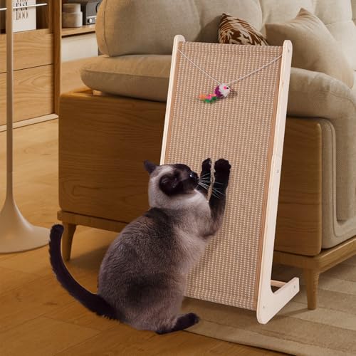 Sisal Cat Scratchers for Indoor Cats, 26.8'' L-Shape Cat Scratching Board, Solid Wooden Cats Scratch Pad with Mouse Toy, Large Cats Scratching Posts to Protect Furniture(Ramp Scratcher) - size: Ramp