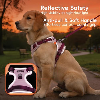 Pink Dog Harness Leash Collar Set, No Pull Reflective Dog Vest Harness with Control Handle, Adjustable Breathable Pet Harness for Large Dogs Walking Training - color: Pink, size: XL