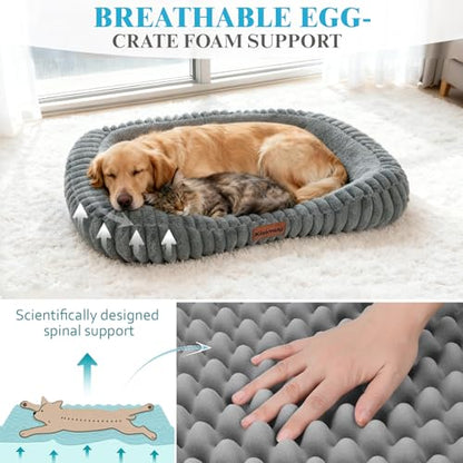 Cute Washable Dog Bed for Small Dogs -Soft Plush Calming Puppy & Cat Bed with Anti-Slip Bottom, Rectangle Anti-Anxiety Puppy Kennel Bed with Handle, 25" x 21" x 4",Grey - color: Warm Gray, size: 25"L x 21"W x 4"Th