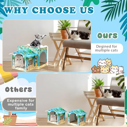 Lineshading 2 Story Cardboard Cat House with Scratcher Pad, Multi Level Durable Cat Scratcher House for Small Kitten Bunny Rabbit Animals Christmas Birthday Gift(17x12x10,Hawaii) - style: Hawaii