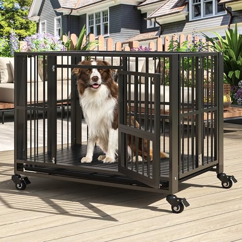 Heavy Duty Dog Crate, Indestructible Large Dog Crate with Escape Proof, High Anxiety Dog Kennel Indoor with Lockable Wheels. (38in) - size: 38in