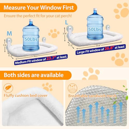 L&W BROS. Cat Window Perch Cushion Bed Hammock with 4 Updated Suction Cups Easy to Assemble Cat Window Bed for Heavy Large Cats (M 1Pc) - size: M