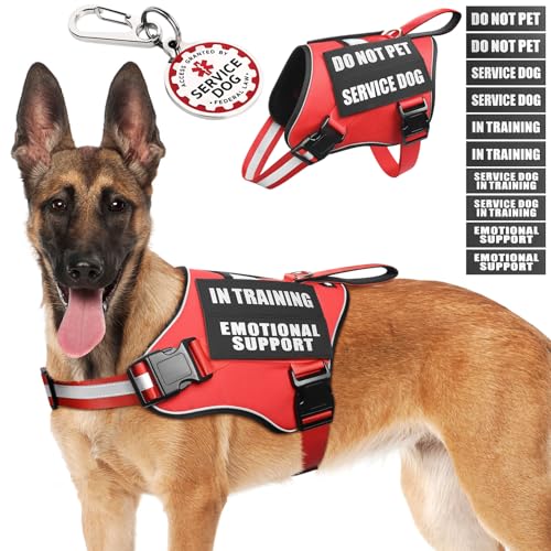 Service Dog Vest Harness+ID Tag+10 Patches,Metal Serivce Dog Tag&Reflective Emotional Support Dog Vest with Handle for Large Dogs,Easy Put On/Off for Training/Walking/Everyday Red L - color: Red, size: L