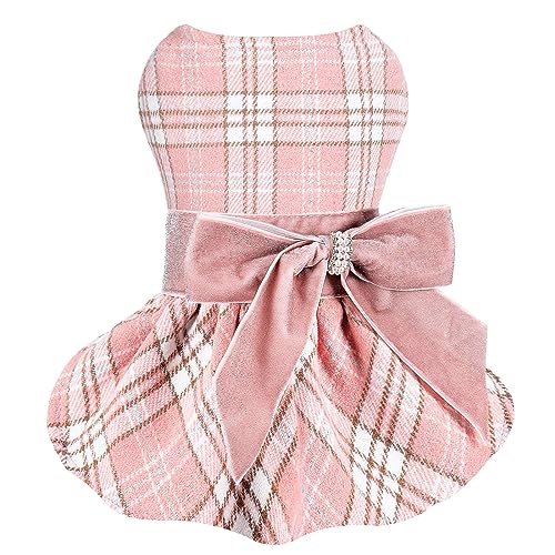 Dog Sweater Dresses for Small Dogs Girl Dog Outfit Yorkie Puppy Clothes Pink Doggie Dress Princess Plaid Dress, Winter Spring Pet Holiday Festival Apparel Dress, S, Pink, 7-9lb - color: Pink Plaid, size: Small (Chest 15in )