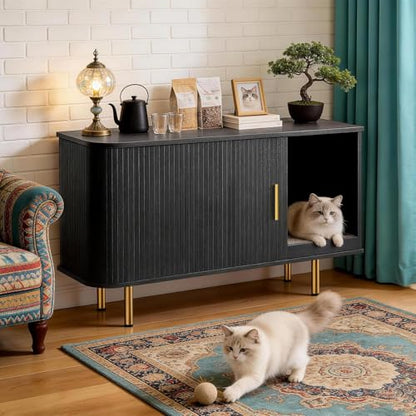DHH Cat Litter Box Enclosure with Scratch Pad, Sliding Door, 38.5" Cat Litter Furniture Hidden Litter Box Cabinet, Modern Indoor Cat House, TV Stand, Side End Table for Living Room(Black) - color: Black