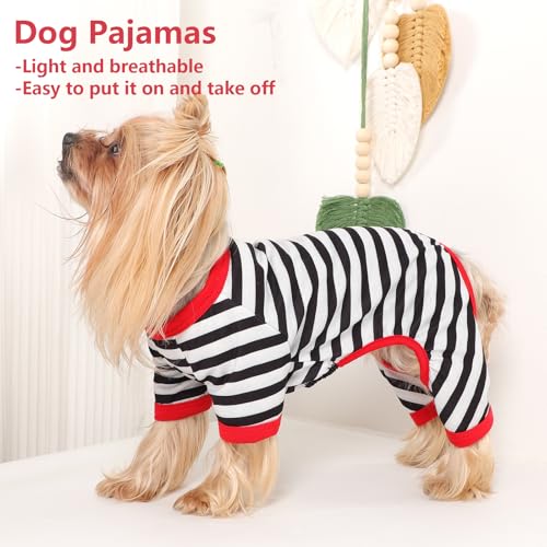 Dog Pajamas Pjs Stretchable Strip Dog Jumpsuit 4 Legs Pjs for Summer Dog Clothes Puppy Onesies Doggie Outfit (Black, X-Small (Chest 11in)) - color: Black, size: X-Small (Chest 11in )