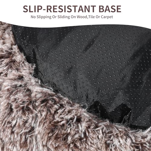 Dog Bed Round Hooded Plush Cat Cave Self Warming Pet Bed Donut Anti Anxiety Fluffy Pet Bed for Puppy and Kitty - color: Gradual brown, size: Medium 23.6''