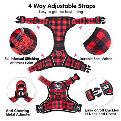 PoyPet No Pull Dog Harness, [Release at Neck] Reflective Adjustable No Choke Pet Vest with Front & Back 2 Leash Attachments, Soft Control Training Handle, Plaid(Checkered Red, XS) - color: Checkered Red, size: XS
