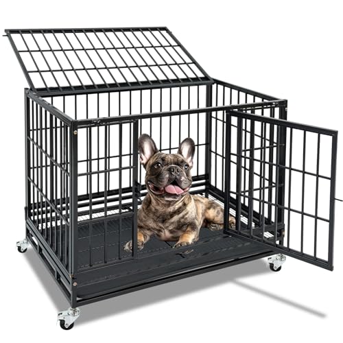 36 Inch Heavy Duty Dog Crate for Medium Dogs, Stackable Dog Cage Kennel with Pull-Out Tray & Grid, 4 Lockable Wheels, Open Top & Door Access, Dual Lock Escape Proof Drop Cage for Dogs Indoor - size: 36.5"L x 22.5"W x 29"H